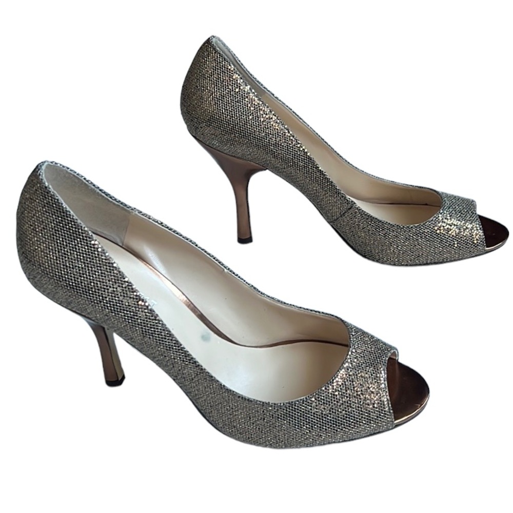 Nine West Silver Glitter Peep-Toe‎ 4” Stiletto Heels Pumps Size 9